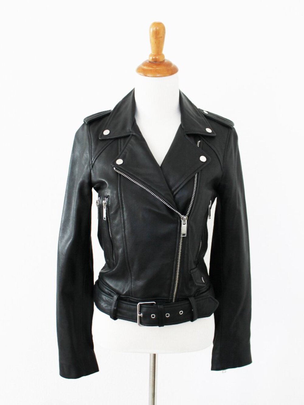 Zara 100% Genuine Sheep Black Leather Belted Motorcycle Biker Zip Jacket, Sz XS